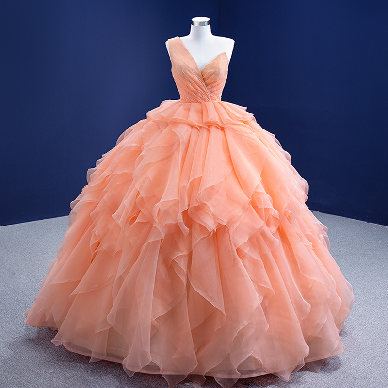 Orange One shoulder Ball gown prom dress stain wedding dress 